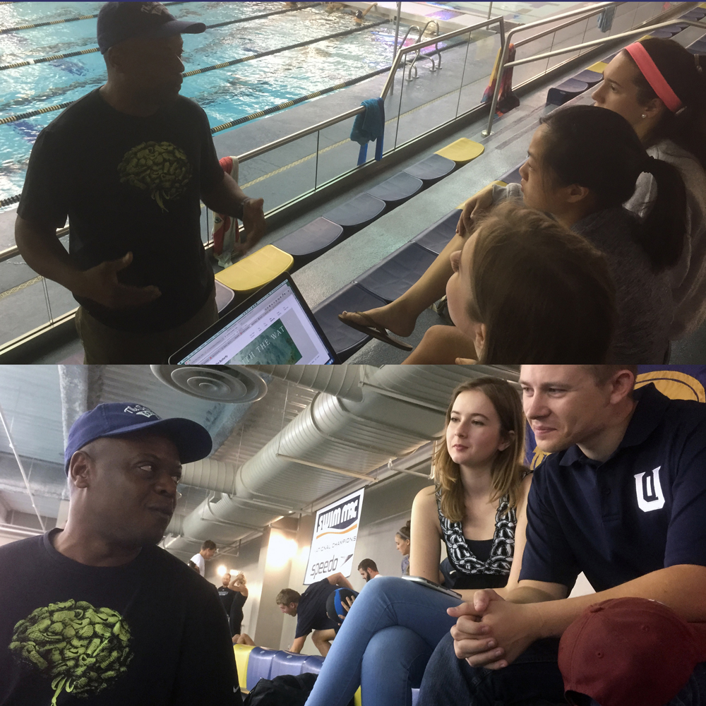 Bedel Saget, multimedia editor of The New York Times, discusses sports journalism with Queens students Ella Fox, Becca Chen, Eliza Wireback, and Connor Keith