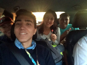 Connor Keith, Luis Ottoni, Carlotta Nassi, and Patrick Willard in a cab on the way to a photo shoot at Ipanama beach, August 2016