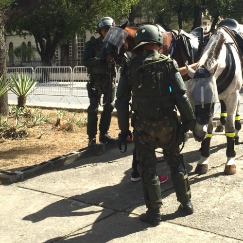 Security horses equipped with face shields in the Deodoro Olympic zone at the Rio 2016 Olympic Games.