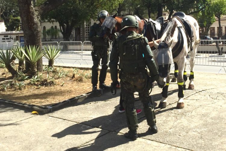 Security horses equipped with face shields in the Deodoro Olympic zone at the Rio 2016 Olympic Games.