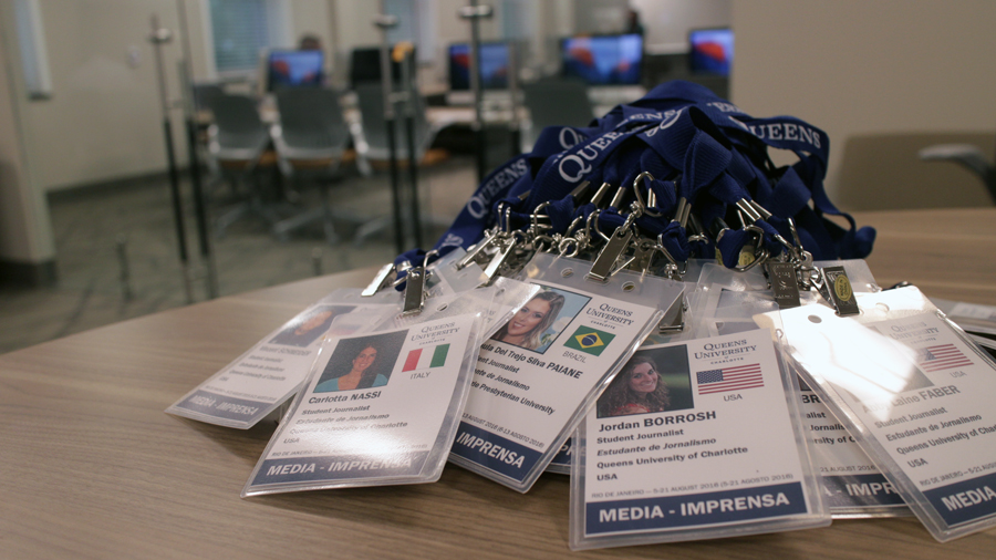 Student journalist badges for Queens in Rio students.